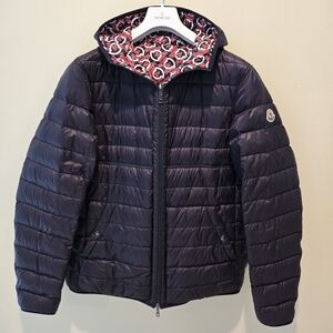 Moncler Navy Puffer Jacket with Patterned Hood